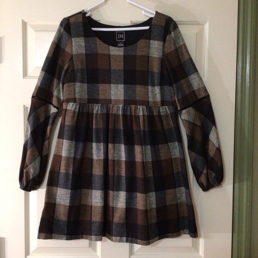 JH Medium Brown Plaid Loose Fit Long Sleeve Dress